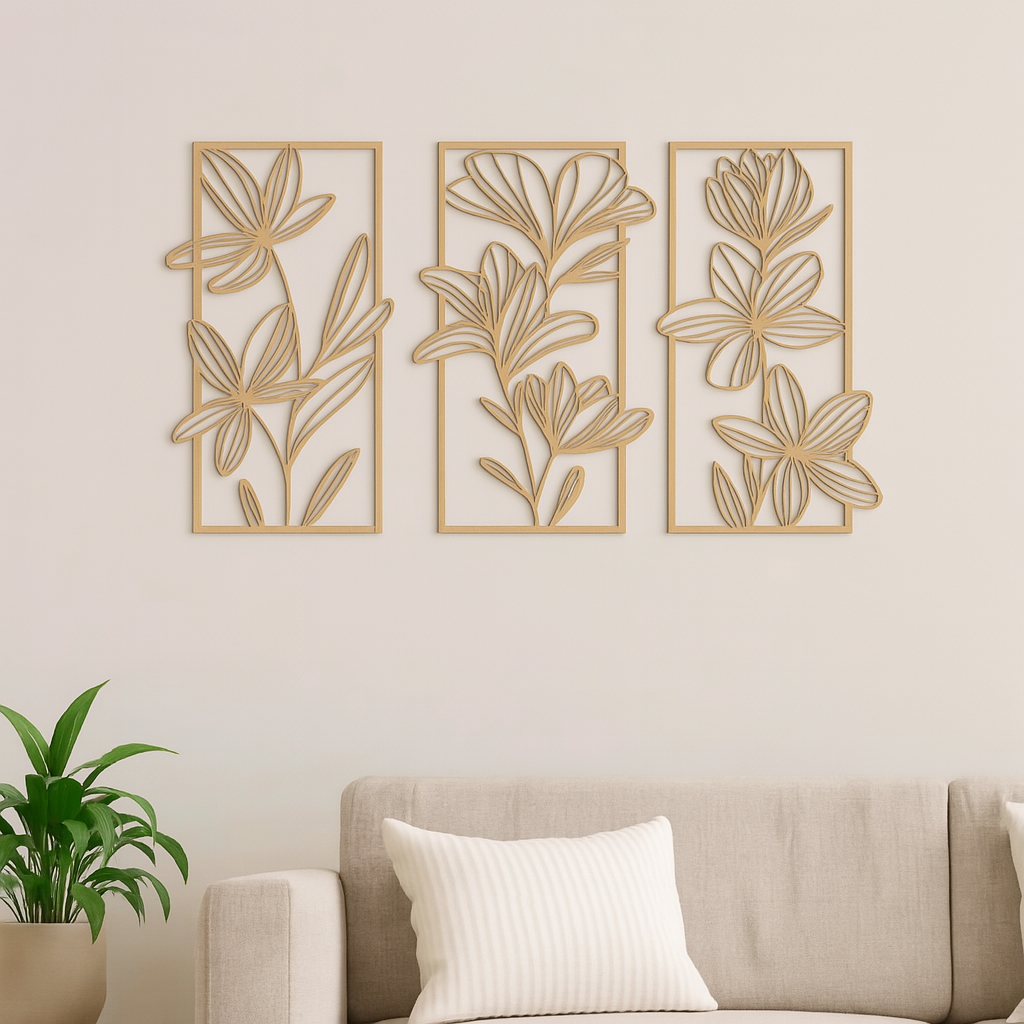 Quadro Decorativo Trio de Flores Vazadas em MDF – 40x24cm (Preto ou Cru)
