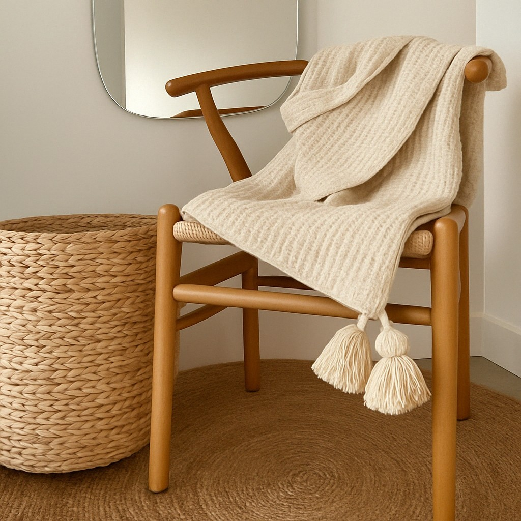 Manta Pompom Algodão 1,40m x 1,40m – Xale Decorativo para Sofá, Peseira e Decoração Rústica