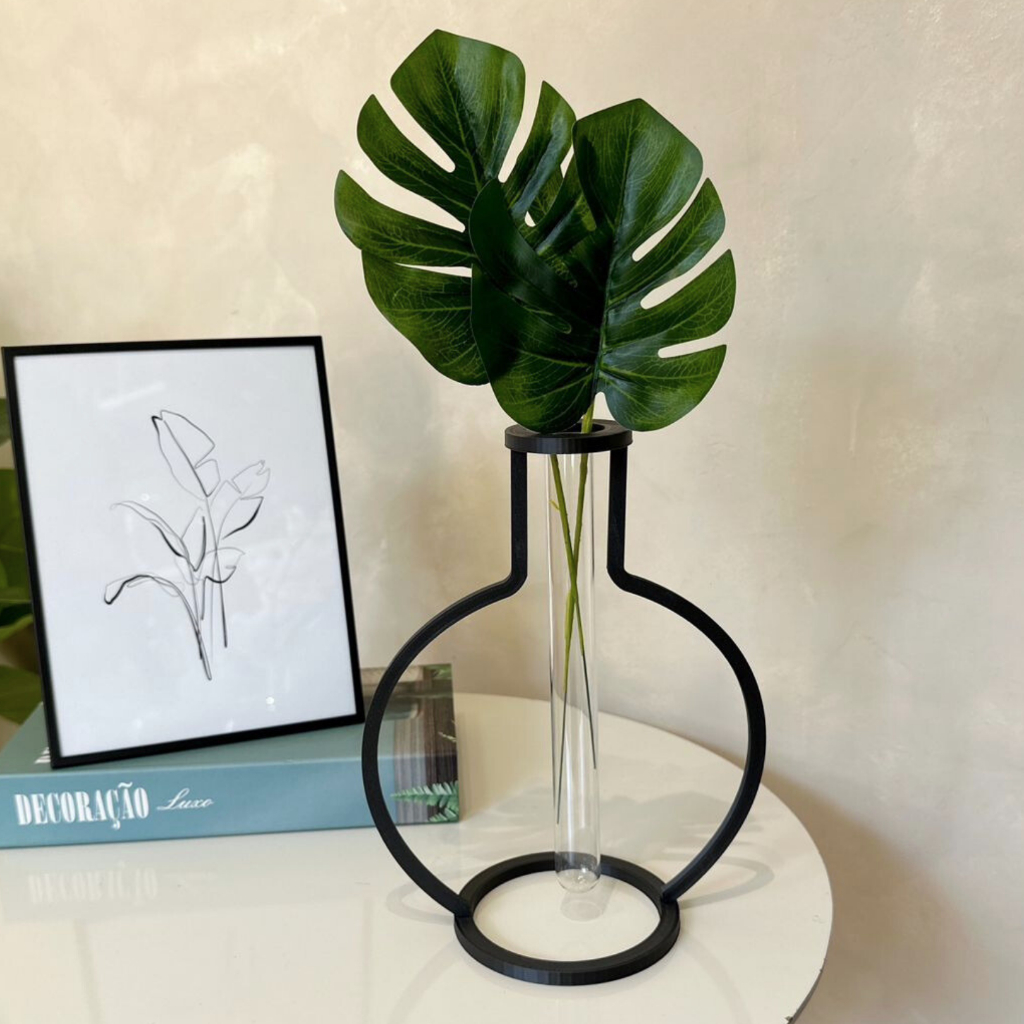 Vaso Minimalista com Tubo de Vidro + 2 Hastes de Costela de Adão (Brinde)