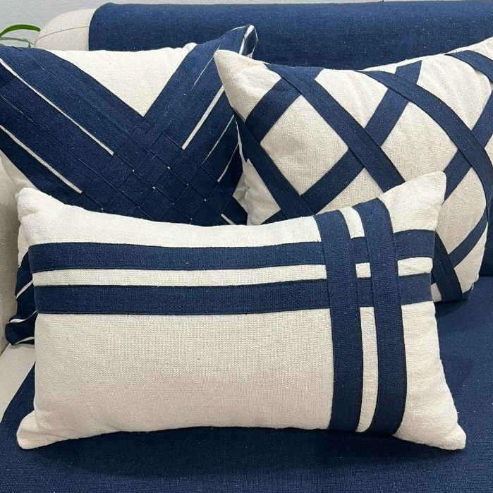 Kit de Almofadas Fita Azul Marinho – Estilo Rústico Boho Artesanal para Sofá e Cama