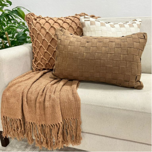 Kit de Almofadas Cordão Caramelo Macramê Artesanal – Algodão, Estilo Boho Rústico com Manta Xale Favo de Mel