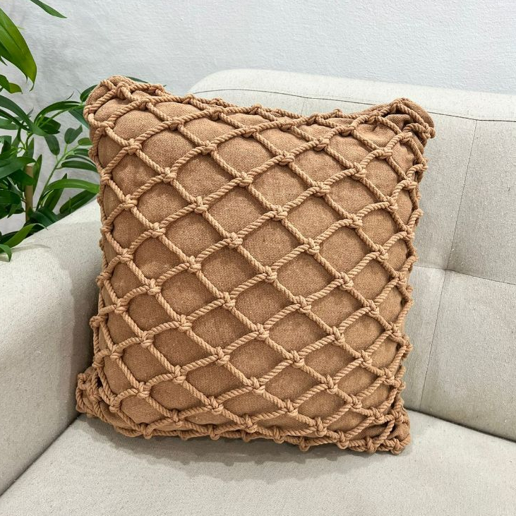 Kit de Almofadas Cordão Caramelo Macramê Artesanal – Algodão, Estilo Boho Rústico com Manta Xale Favo de Mel