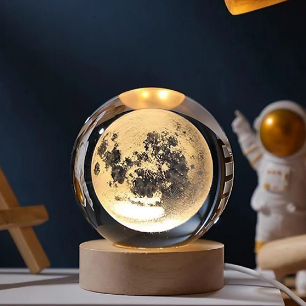 Luminária de Cristal 3D Sistema Solar com Base de Madeira – Luz Noturna LED Decorativa