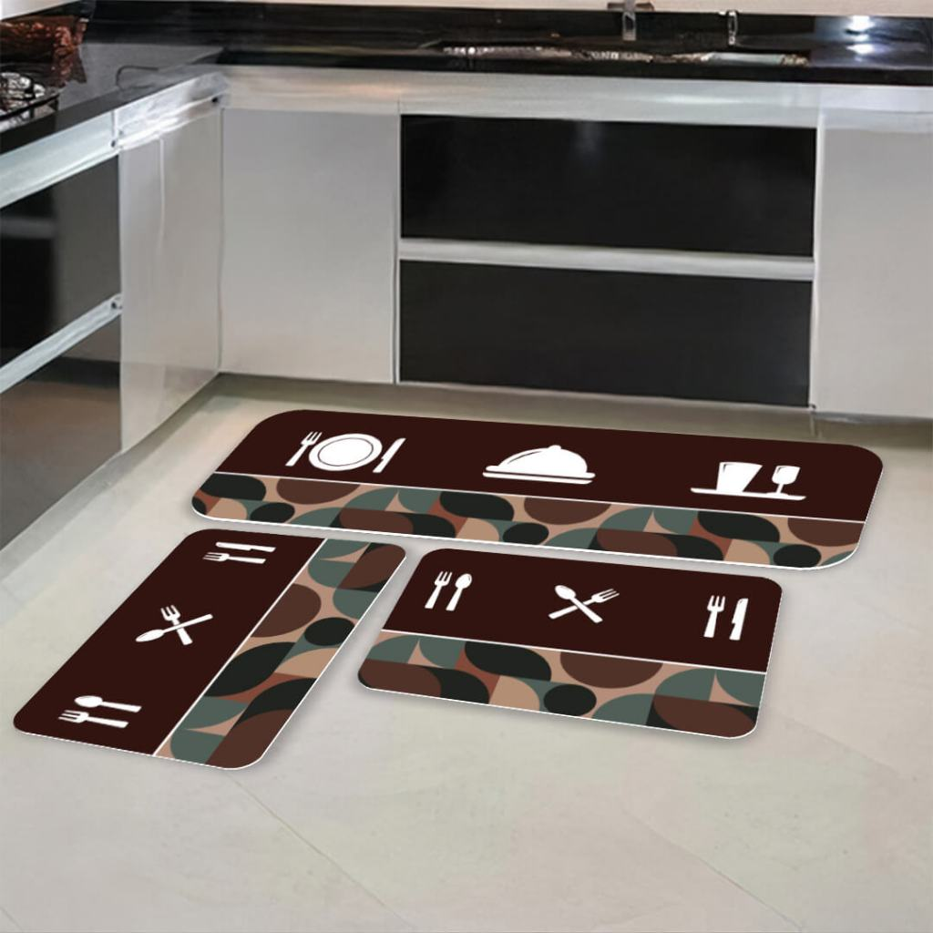 Kit 3 Tapetes Antiderrapantes para Cozinha – Ramos e Folhas