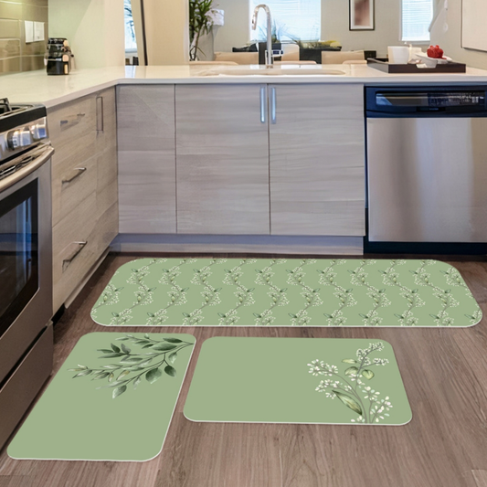 Kit 3 Tapetes Antiderrapantes para Cozinha – Ramos e Folhas