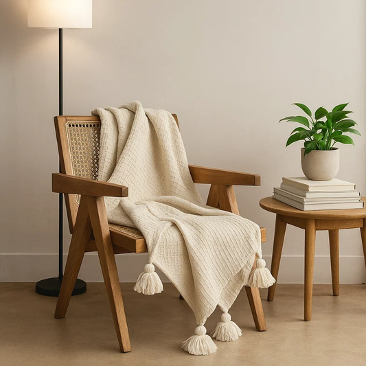 Manta Pompom Algodão 1,40m x 1,40m – Xale Decorativo para Sofá, Peseira e Decoração Rústica