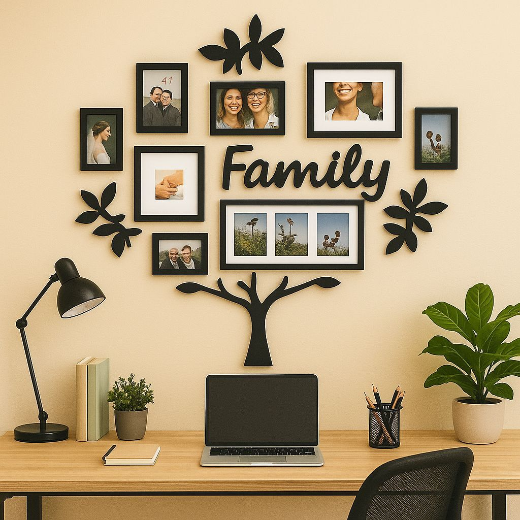 Quadro em Mdf Family Grande Arvore Decorativa com Porta Retratos Personalizável Decoração de Parede PROMO BLACK