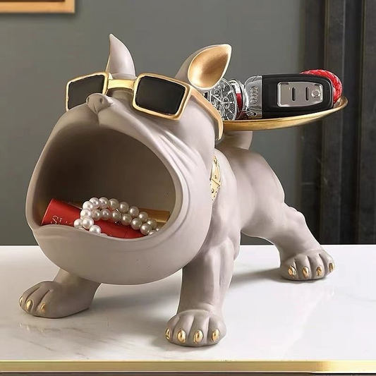Escultura Decorativa Bulldog com Bandeja – Porta-Treco em Resina (25cm)