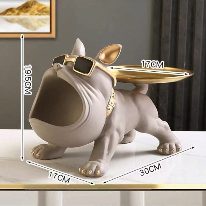 Escultura Decorativa Bulldog com Bandeja – Porta-Treco em Resina