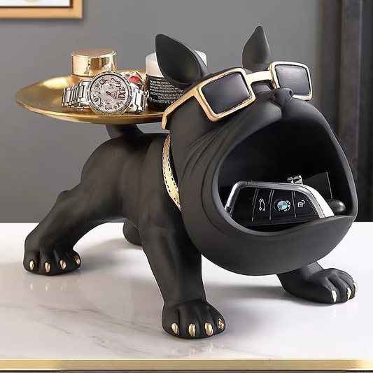 Escultura Decorativa Bulldog com Bandeja – Porta-Treco em Resina (25cm)
