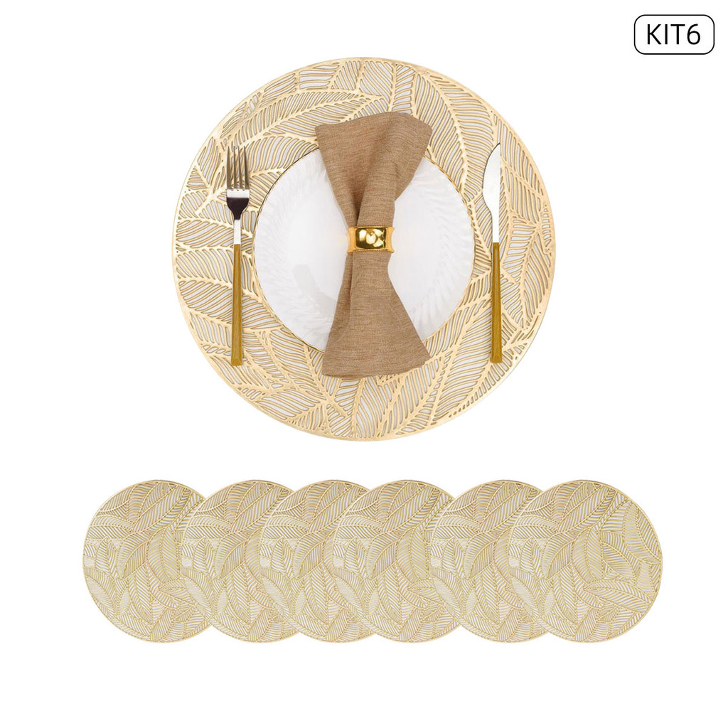 Jogo Americano Sousplat Kit 6 Unidades – PVC Redondo Dourado 38cm