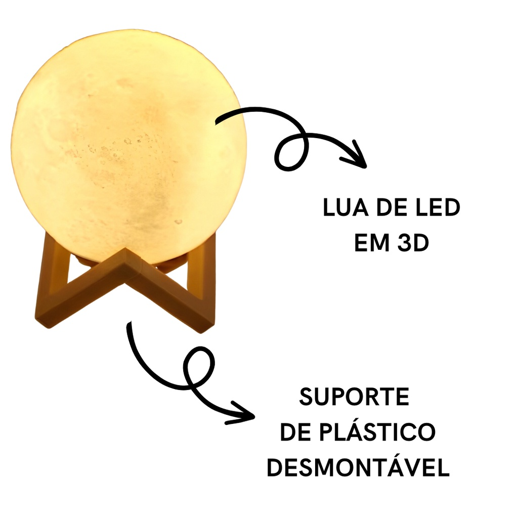Luminária Lua 3D Abajur LED com Base