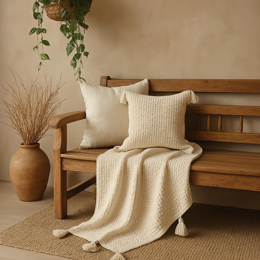 Manta Pompom Algodão 1,40m x 1,40m – Xale Decorativo para Sofá, Peseira e Decoração Rústica