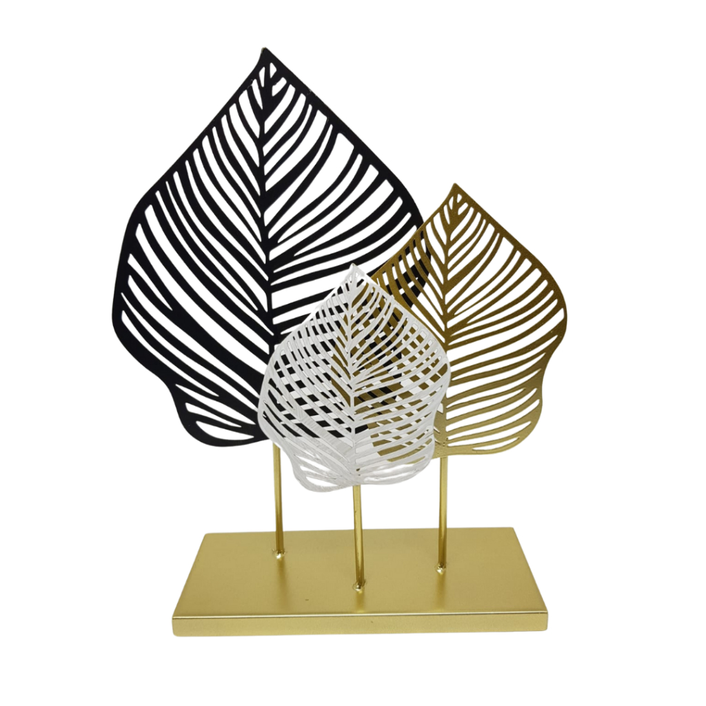 Escultura Decorativa de Folhas Triplas em Metal – 33cm