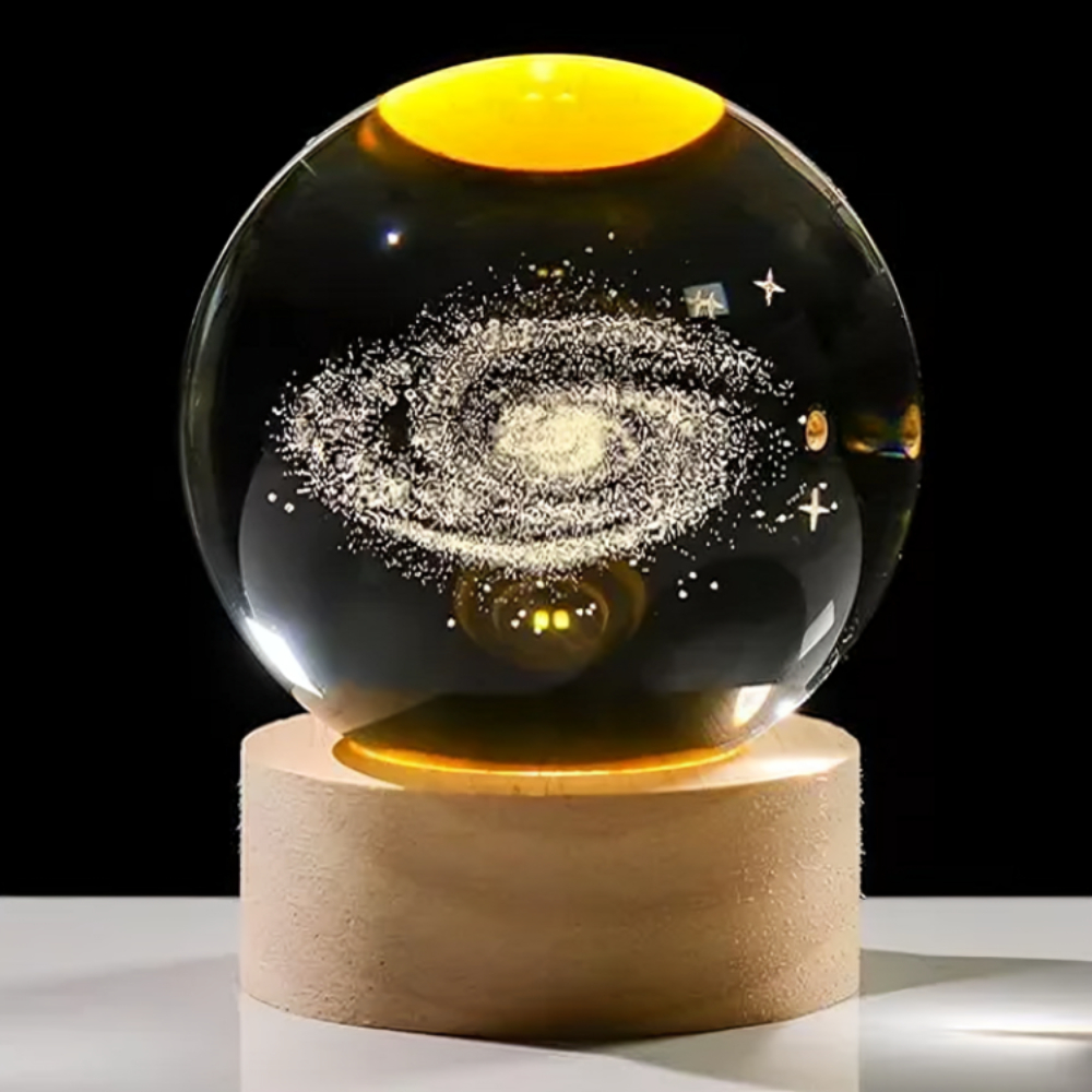 Luminária de Cristal 3D Sistema Solar com Base de Madeira – Luz Noturna LED Decorativa