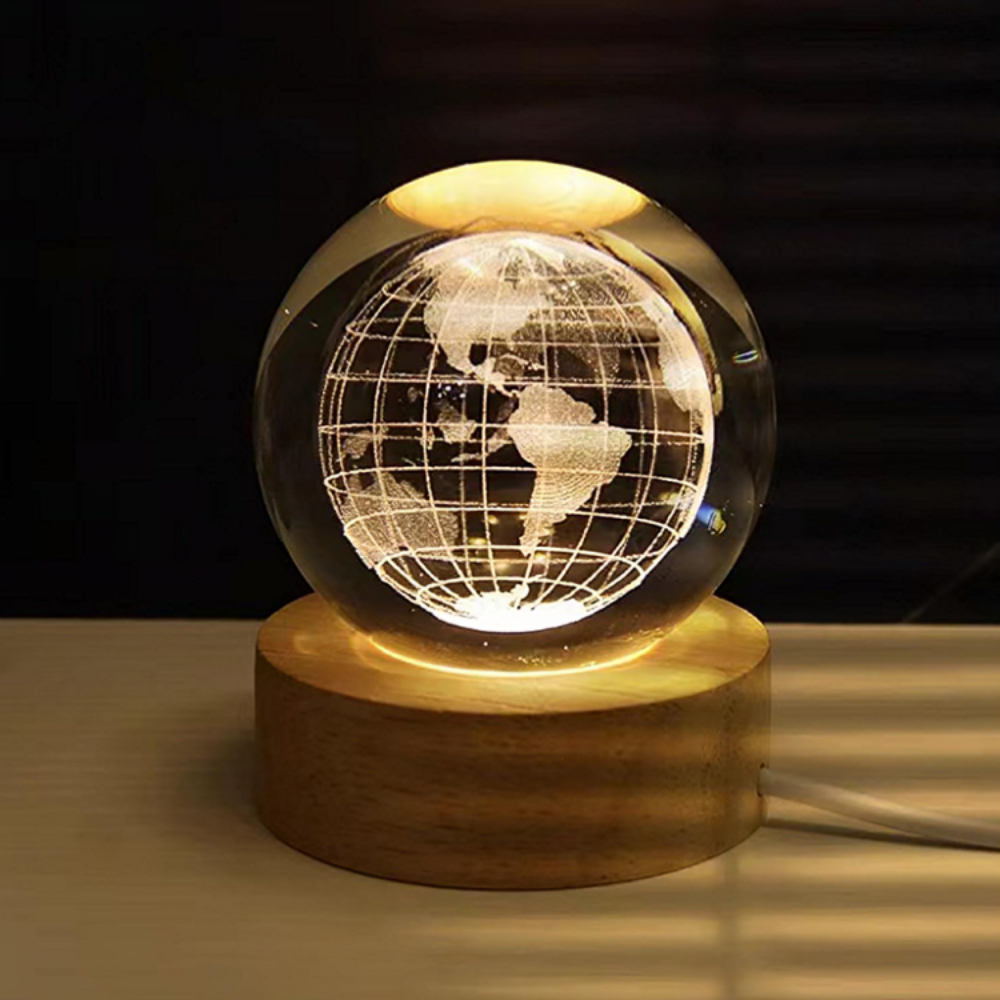 Luminária de Cristal 3D Sistema Solar com Base de Madeira – Luz Noturna LED Decorativa