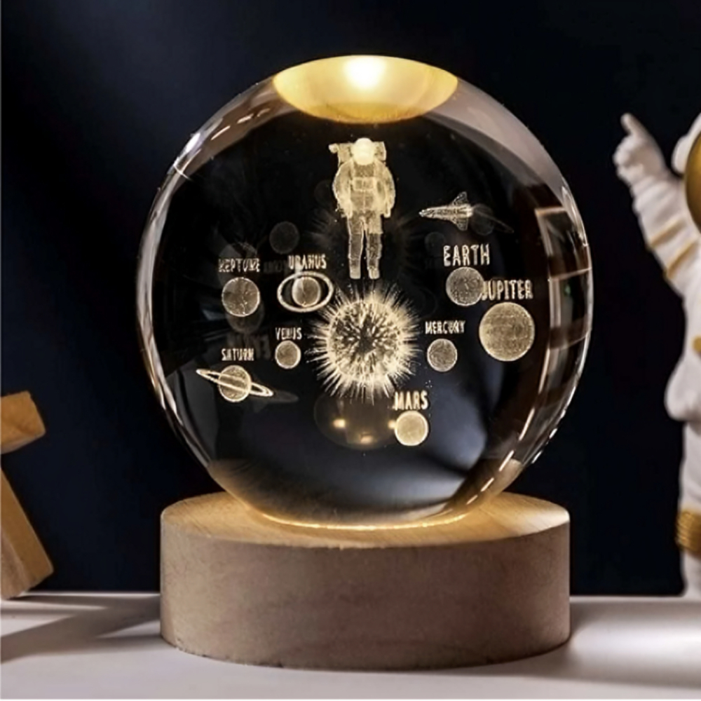Luminária de Cristal 3D Sistema Solar com Base de Madeira – Luz Noturna LED Decorativa