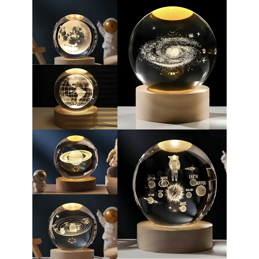 Luminária de Cristal 3D Sistema Solar com Base de Madeira – Luz Noturna LED Decorativa