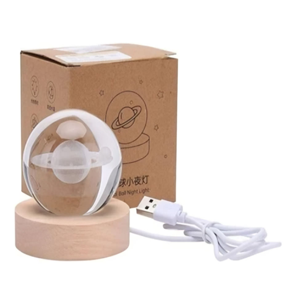 Luminária Cristal de Mesa Sistema Solar Saturno Lua Galáxia LED Base Madeira Enfeite Decorativo Casa