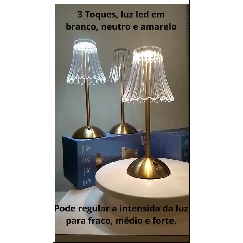 Luminária Abajur de mesa Com 3 cores LED Regulável Recarregável