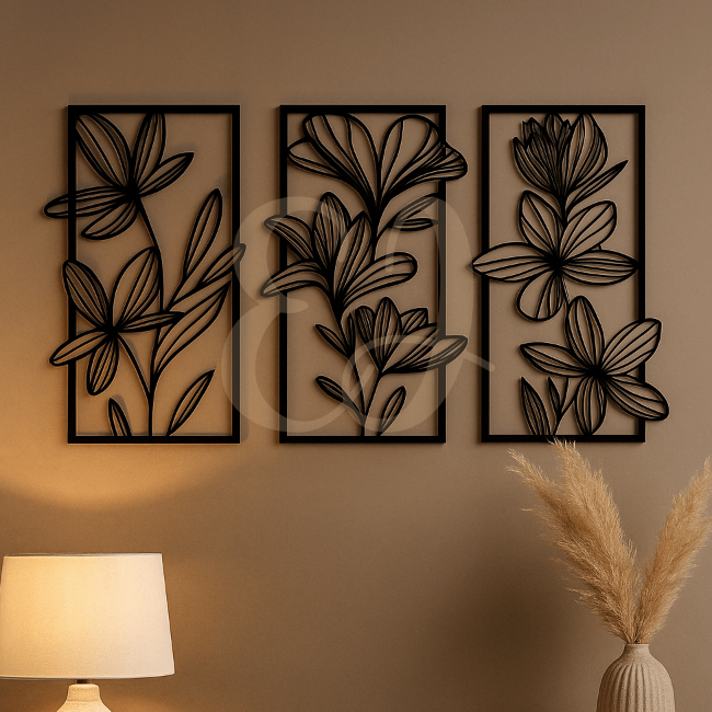 Quadro Decorativo Trio de Flores Vazadas em MDF 40x24