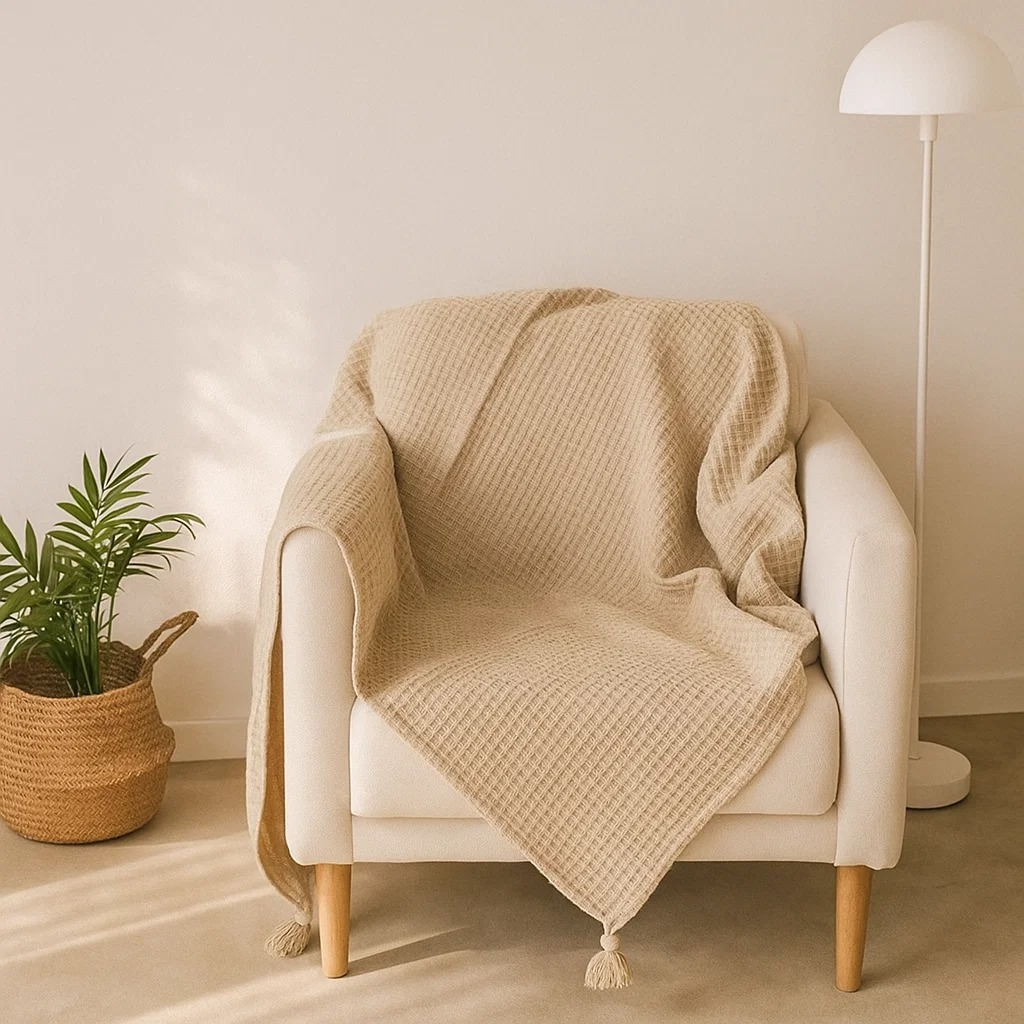 Manta Pompom Algodão 1,40m x 1,40m – Xale Decorativo para Sofá, Peseira e Decoração Rústica