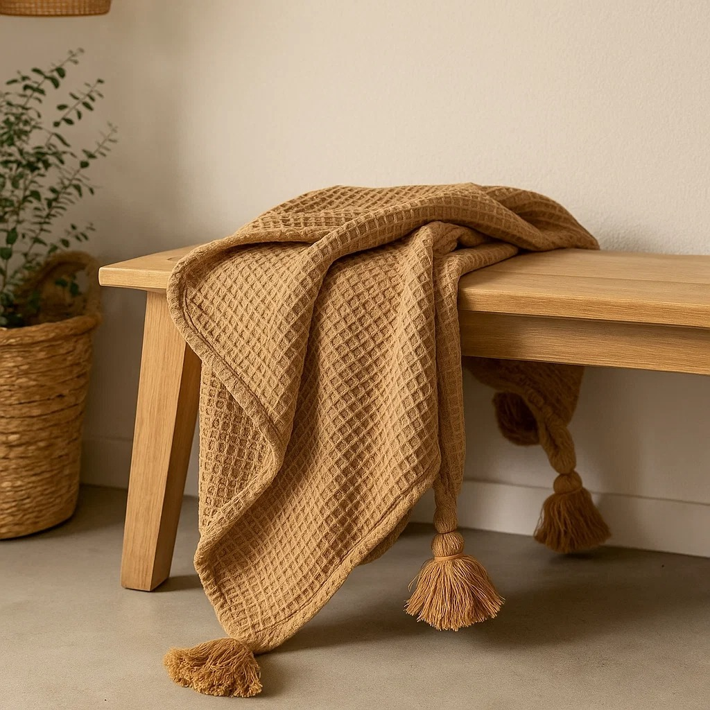Manta Pompom Algodão 1,40m x 1,40m – Xale Decorativo para Sofá, Peseira e Decoração Rústica
