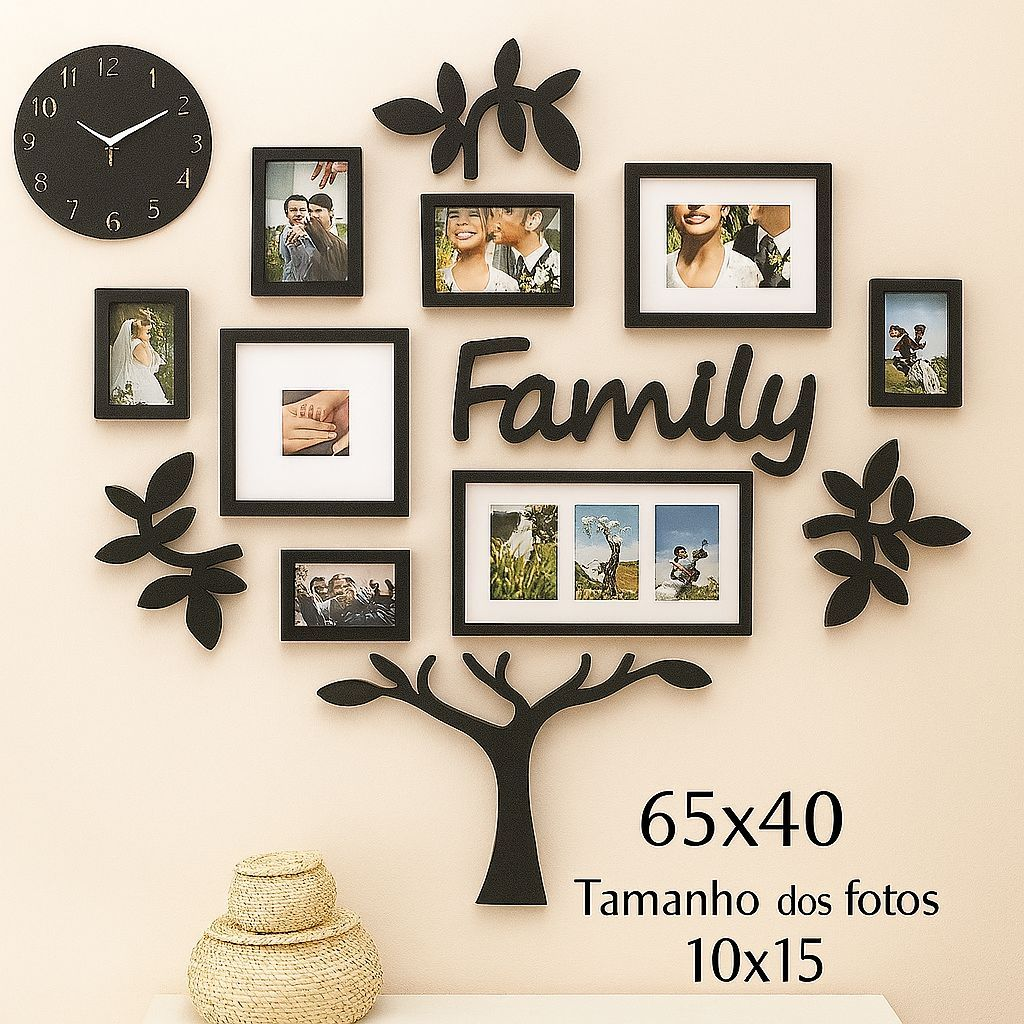 Quadro em Mdf Family Grande Arvore Decorativa com Porta Retratos Personalizável Decoração de Parede PROMO BLACK