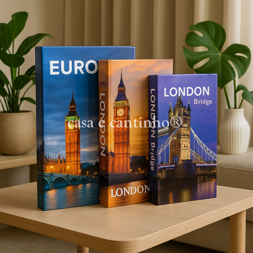 Kit 3 Caixas Livro Decorativo – Porta Objetos Multiuso