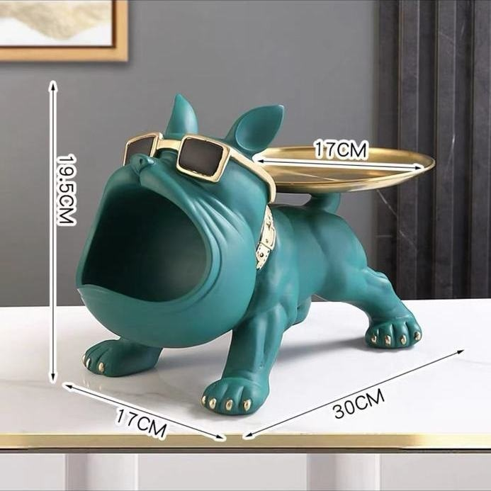 Escultura Decorativa Bulldog com Bandeja – Porta-Treco em Resina (25cm)