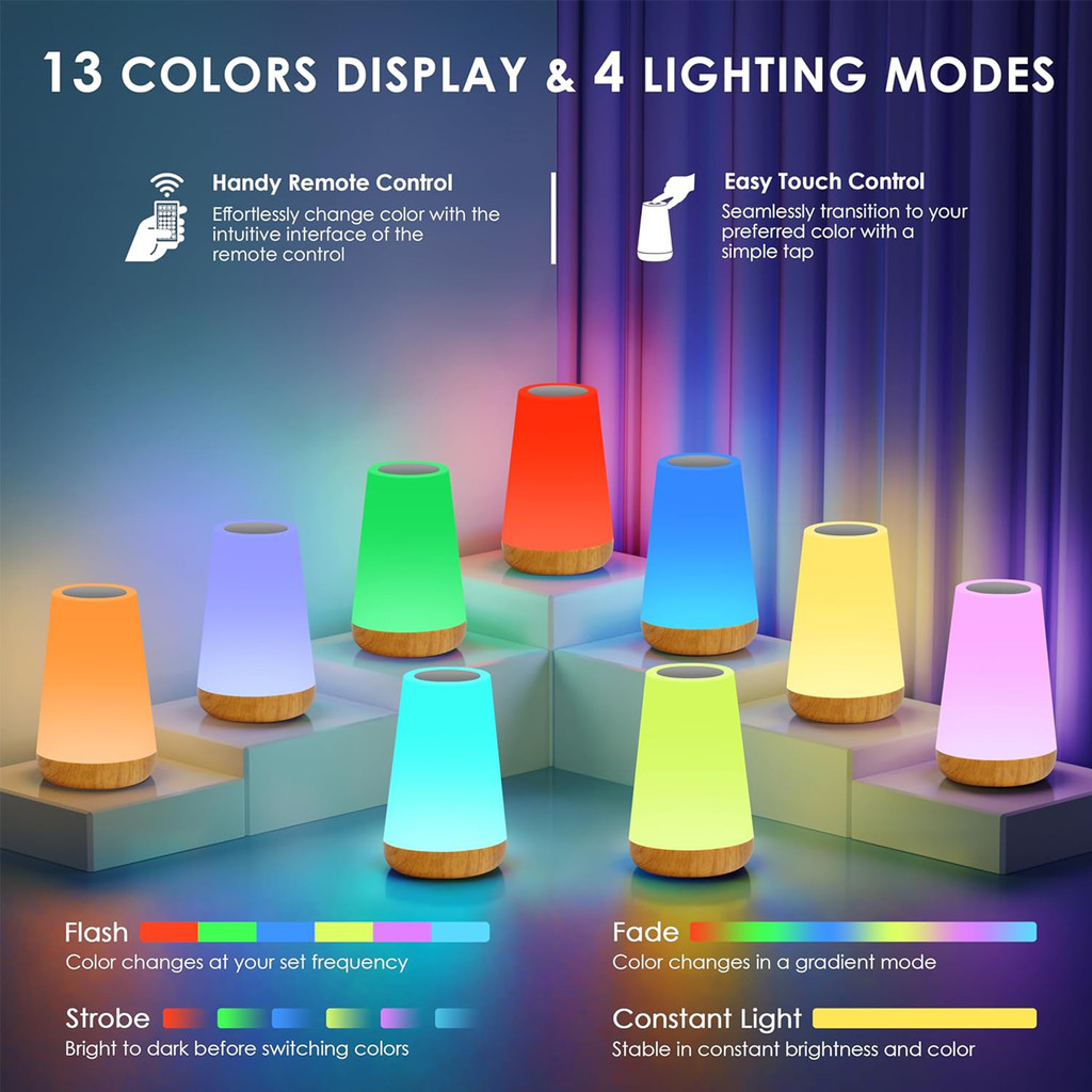 Luminária de Luz Noturna LED 13 Cores – Controle de Toque 360° e Bateria Recarregável
